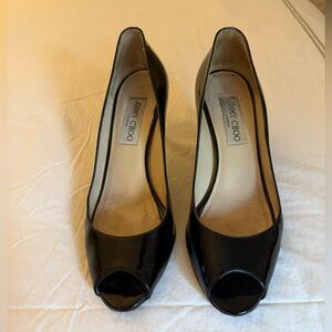 Jimmy Choo Black Patent Leather Mid Heel Peep Toe Pumps. Size 37.5.
